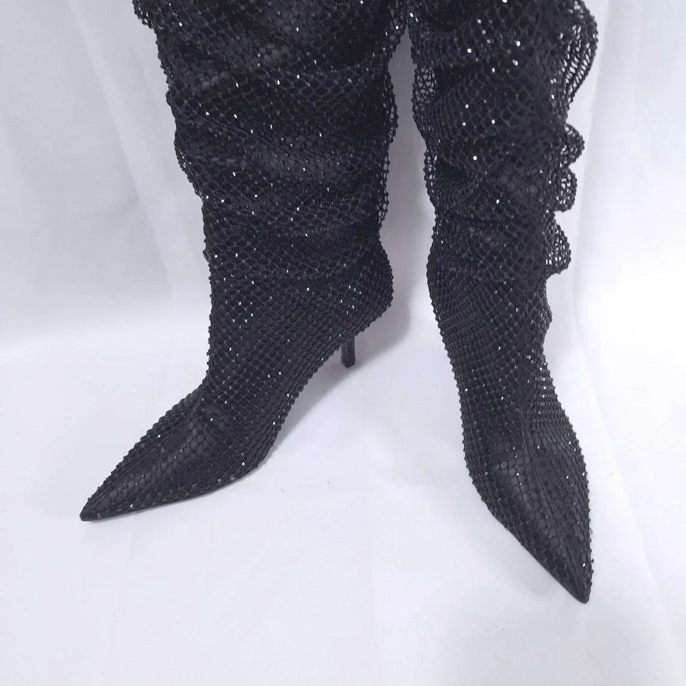 Madden Girl Sashaa Slouchy Over Knee Boot‎ Sz 6.5 Rhinestones Stilettos Fishnet